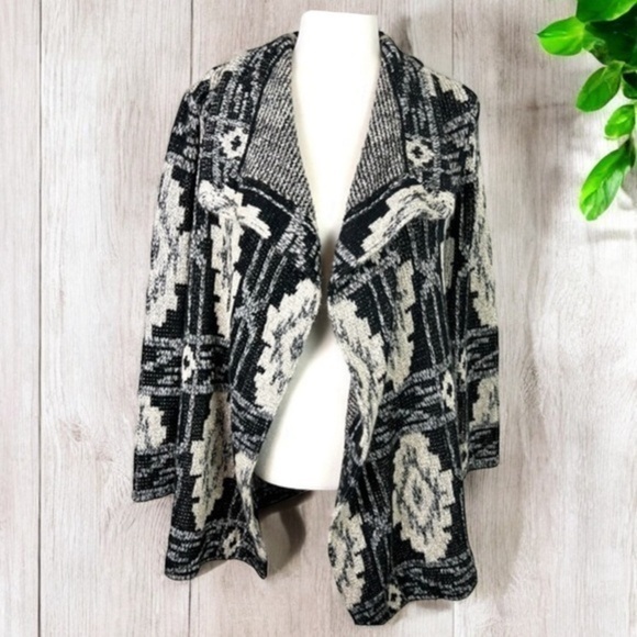 Lucky Brand Open Cardigan Sweater Size Small Black Beige Silver Geometric Womens - Picture 1 of 8